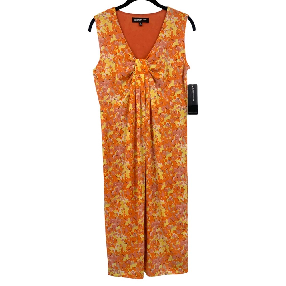 Jones New York Yellow Orange 70s Inspired Floral Sleeveless Midi Dress Small